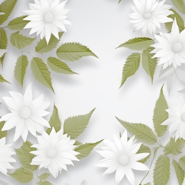 Witte bloemen en groene bladeren op een witte achtergrond Digitale illustratie
