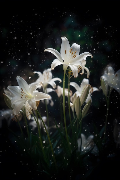 Witte bloemen in de regen met het woord liefde op de bodem