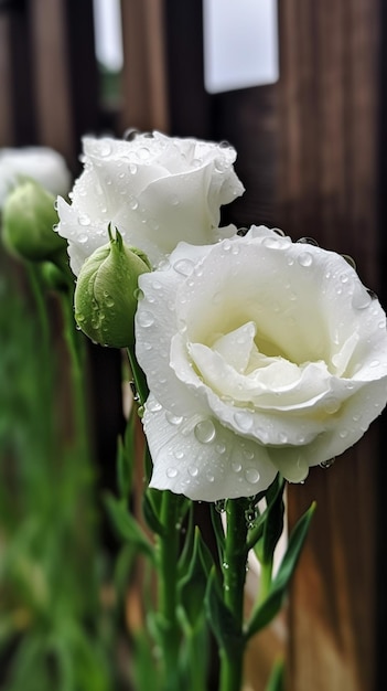 Witte bloemen met regendruppels erop staan in een vaas.