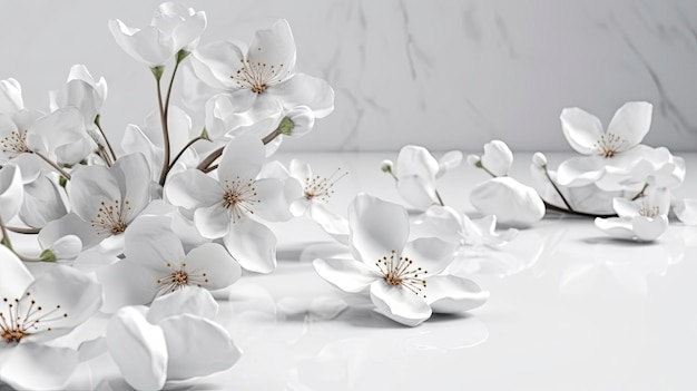 Witte bloemen op een marmeren aanrechtblad met een witte achtergrond.