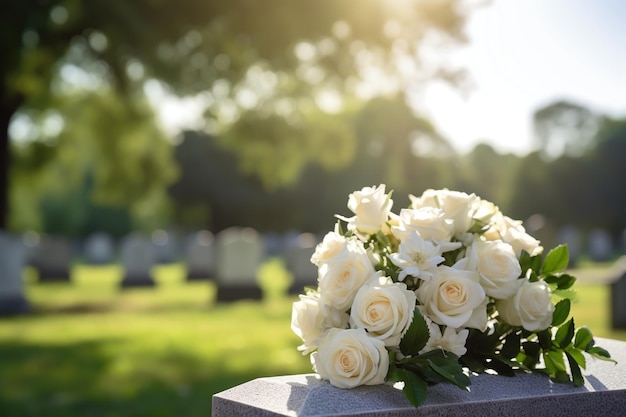 Foto witte bloemen voor een grafsteen op een begraafplaats met zonsondergang begrafenisconcept