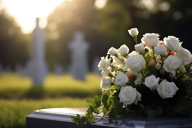 Foto witte bloemen voor een grafsteen op een begraafplaats met zonsondergang begrafenisconcept