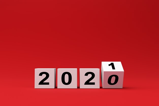 Witte blokjes met de inscriptie 2020 wordt vervangen door 2021 op een rode achtergrond, 3D render