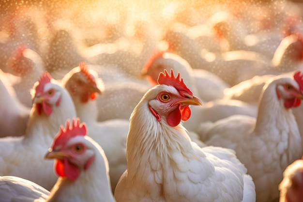 Witte boerderijkippen op een vrije uitloop in de zonnestralen 1