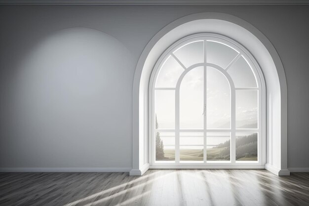 Witte boogmuur met een raam in het interieur tegen een hemelachtergrond
