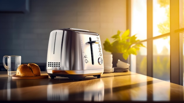 Witte broodrooster op een houten tafel naast een potplant Generatieve AI