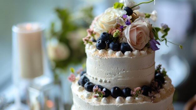 Foto witte bruidstaart met bloemen en bosbessen.