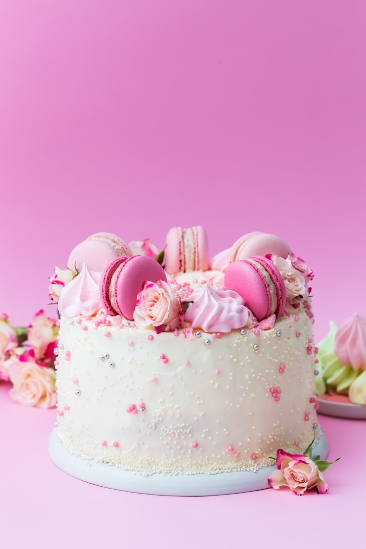 Foto witte bruidstaart met macarons en rozen op een roze muur