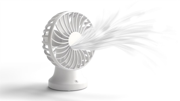 Witte bureauventilator met motionblur blades op een heldere achtergrond