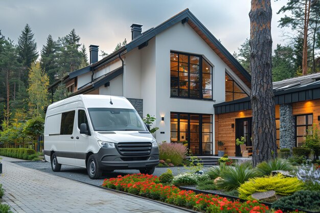 Witte bus geparkeerd voor een modern huis.