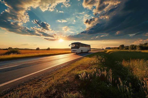 Witte bussen die op landelijke weg reizen bij zonsondergang met dramatische wolken