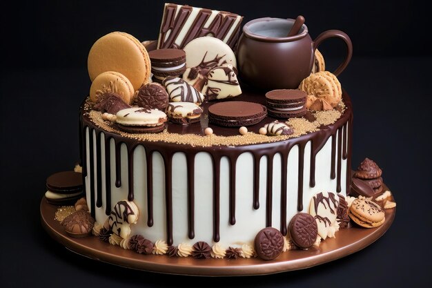 Foto witte cake gegoten met chocolade en versierd