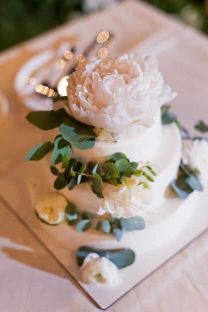 Foto witte cake met pioenroos en eucalyptus