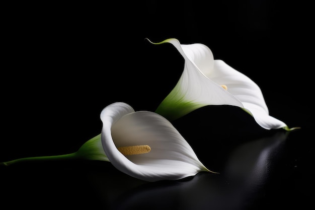 Witte calla lelie bloemen op zwarte achtergrond doodslelie