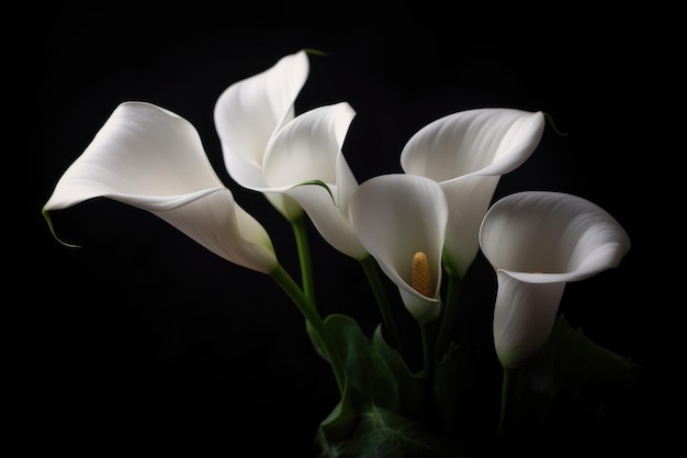 Witte calla leliebloemen op zwarte achtergrond AI