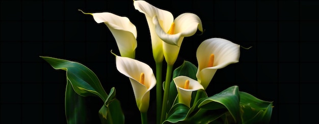 Foto witte calla lelies op een zwarte achtergrond