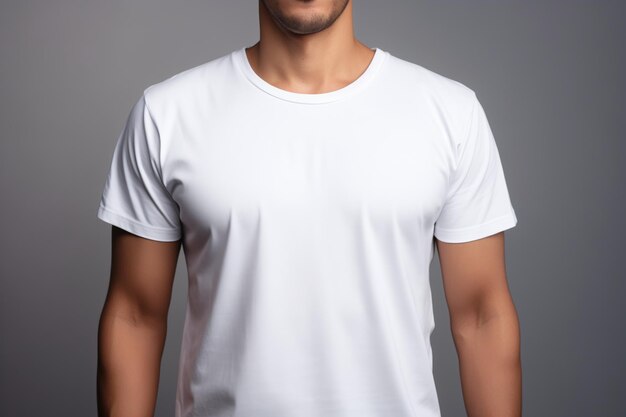 Witte casual t-shirt mockup voor ontwerp Een man die een wit t-shirt draagt op een grijze achtergrond