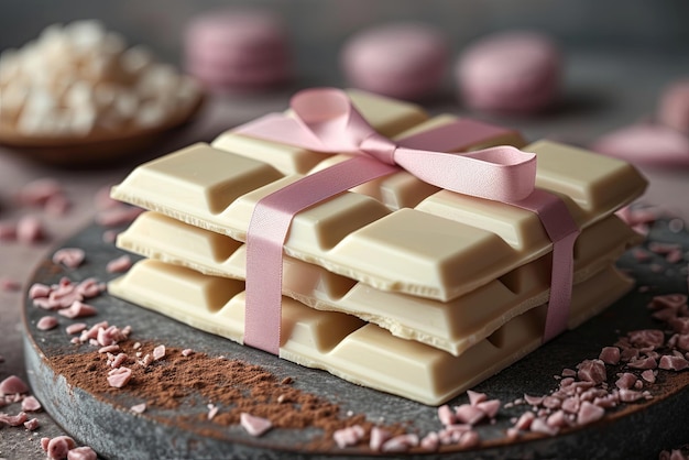 Witte chocoladereep met een lint en een strik. Geschenk voor de Witte Dag.