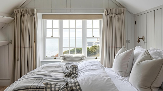 Witte coastal cottage slaapkamer decor interieurontwerp en huis decor bed met elegant beddengoed en op maat gemaakte meubels Engels landhuis en vakantie verhuur