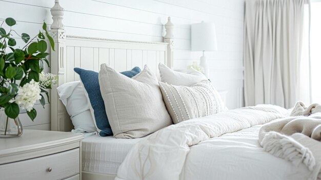 Foto witte coastal cottage slaapkamer decor interieurontwerp en huis decor bed met elegant beddengoed en op maat gemaakte meubels engels landhuis en vakantie verhuur