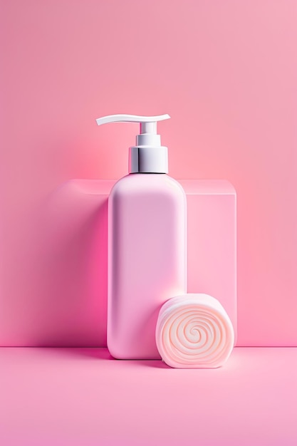 Witte cosmetica fles zeep en handdoek op roze achtergrond Concept van natuurlijke spa cosmetica