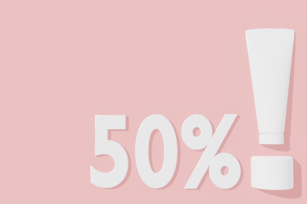 Witte cosmetische verkoop 50 procent korting op kortingspromotie achtergrond 3D-rendering