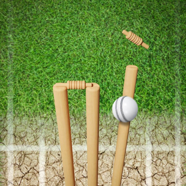 Foto witte cricketbal treft wicket stumps kloppen bails uit tegen blauwe lucht achtergrond bails vliegen f