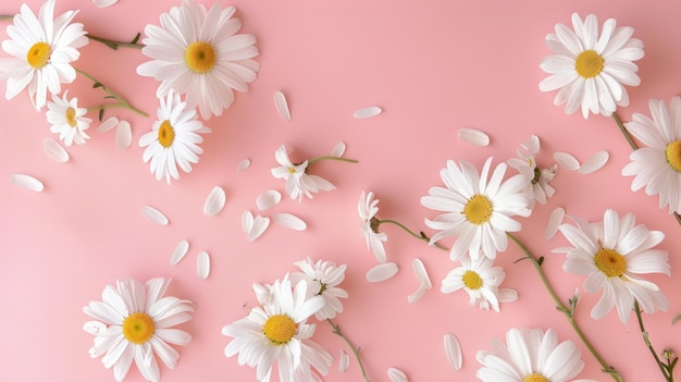 Witte daisy kamille bloemen in minimale stijl op zacht roze