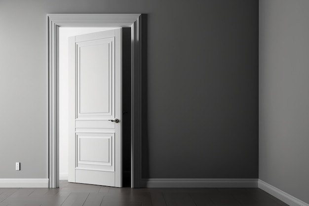 Witte deur en houten vloer in een grijze kamer een mockup