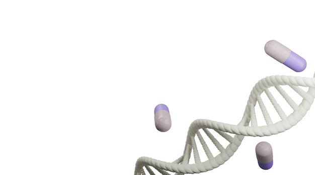 Witte dna-structuursamenvatting en pillendrug die op witte achtergrond, het 3d teruggeven wordt geïsoleerd.