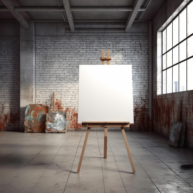 Foto witte doek voor een mockup in een minimalistische interieurkamer met een wazige bakstenen muur op de achtergrond