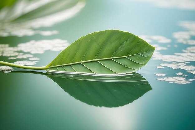 Witte doorzichtige blad op spiegeloppervlak met reflectie op groene achtergrond macro Abstracte artistieke afbeelding van schip in de wateren van het meer Template Border natuurlijke dromerige artistieke beeld voor reizen