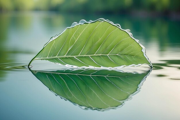 Witte doorzichtige blad op spiegeloppervlak met reflectie op groene achtergrond macro Abstracte artistieke afbeelding van schip in de wateren van het meer Template Border natuurlijke dromerige artistieke beeld voor reizen