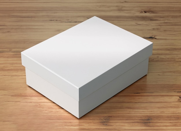 Witte doos op een houten tafel.