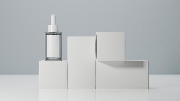 Witte druppelflesje met blanco etiket op wit podium huidverzorging serum druppelflesje mockup