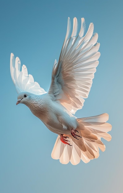 Witte duif die in de lucht vliegt.