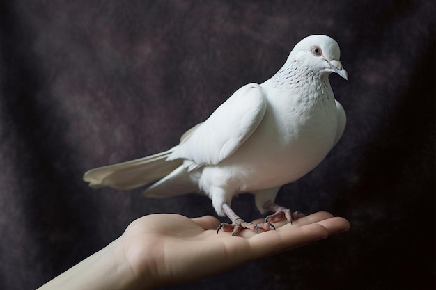 Witte duif op een menselijke hand op een donkere achtergrond Close-up