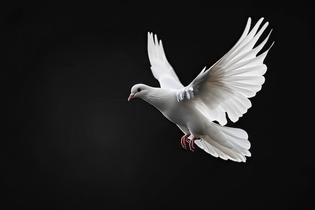 Witte duif vliegend op zwarte achtergrond die vrijheid en vrede symboliseert