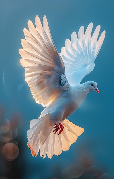 Witte duif, witte duif vliegt in de blauwe hemel.
