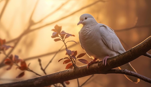 witte duif zat op tak met zon erop in de stijl van gedempte en subtiele tonen