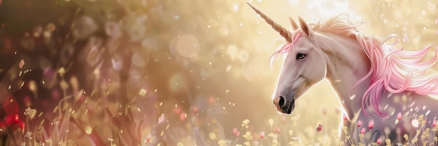 Foto witte eenhoorn met roze manen in een veld van bloemen