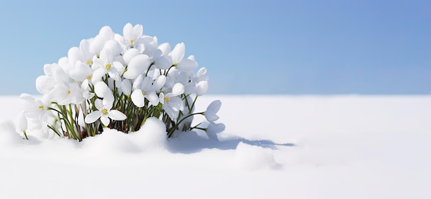 Witte eerste voorjaarsbloemen onder sneeuw Sneeuwdruppels zijn een symbool van de lente Banner met ruimte voor tekst