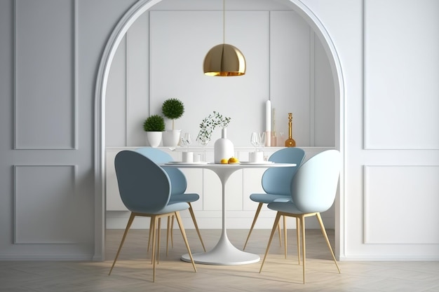 Witte eethoek met houten vloer, ronde tafel en blauwe stoelen Blanco muurstuk mockup