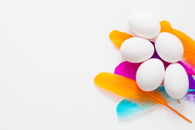 Witte eieren op kleurrijke veren met kopie ruimte
