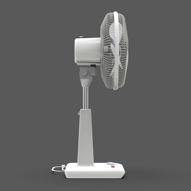 Witte elektrische ventilator. Driedimensionaal model op een grijze achtergrond. Ventilator met bedieningsknoppen op de standaard. Een eenvoudig apparaat voor luchtventilatie. 3D-afbeelding.