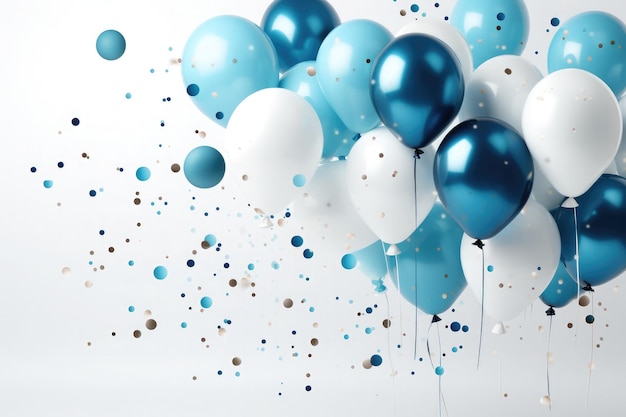 Witte en blauwe ballonnen en confetti lint met jubileum en verjaardag feestelijke decoratie op witte achtergrond