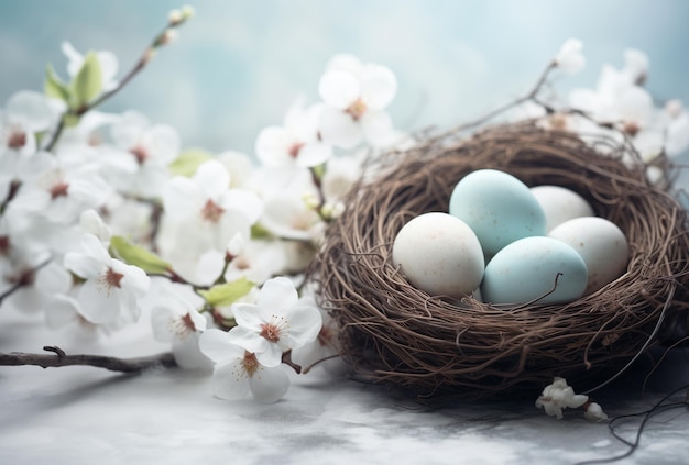 Witte en blauwe paaseieren in een nest met witte bloemen op een grijze achtergrond