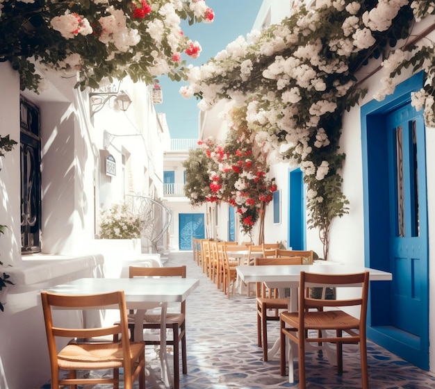 Witte en blauwe taverna in Griekse stijl tegen de achtergrond van de zee Generatieve AI