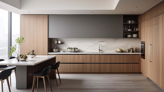 Witte en bruine moderne keuken met houten eiland 3D-weergave