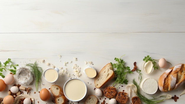 Witte en gele achtergrond met bloem en andere ingrediënten plakjes ei, verse eieren, melk en kont